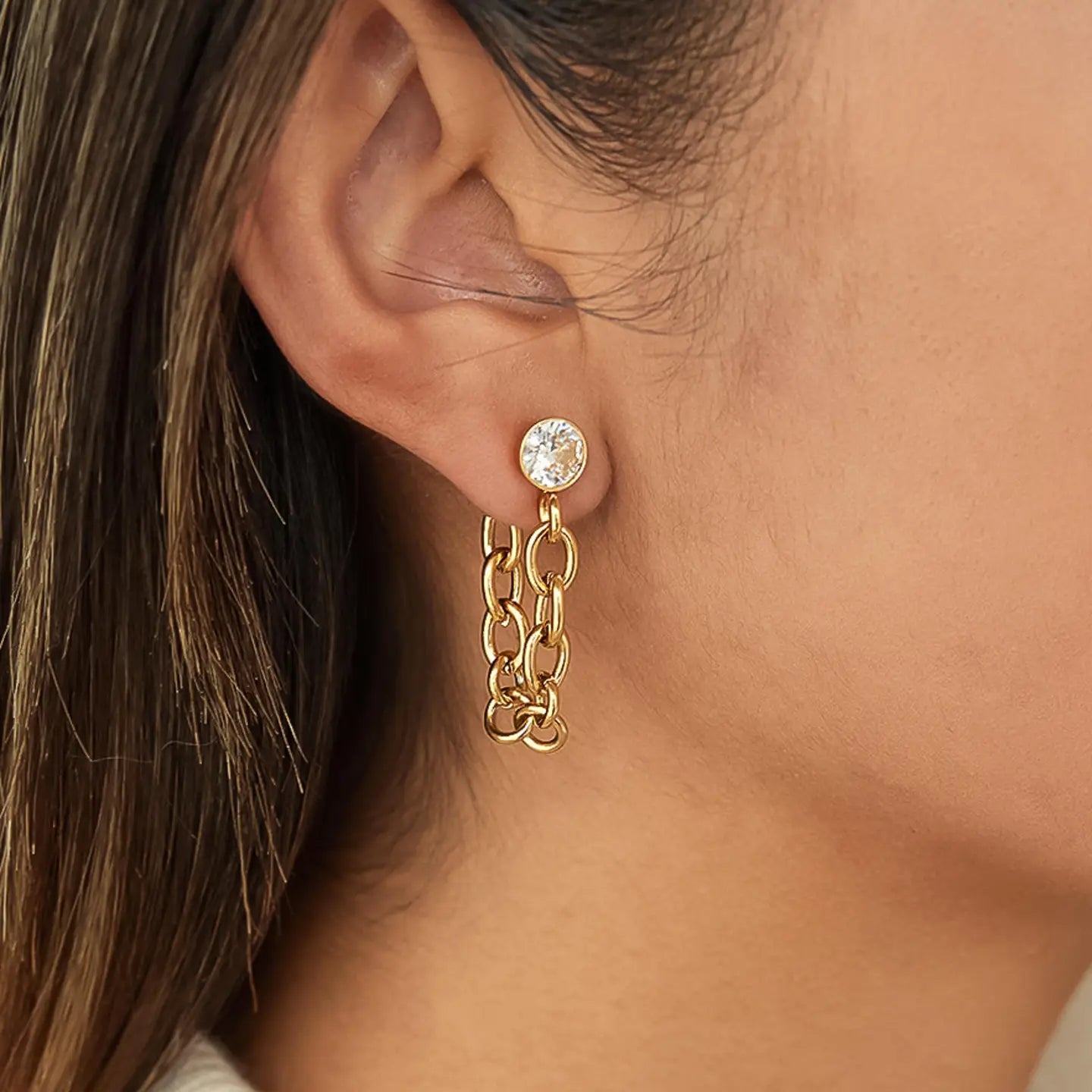 18K Gold Non-Tarnish Crystal Chain Drop Earrings