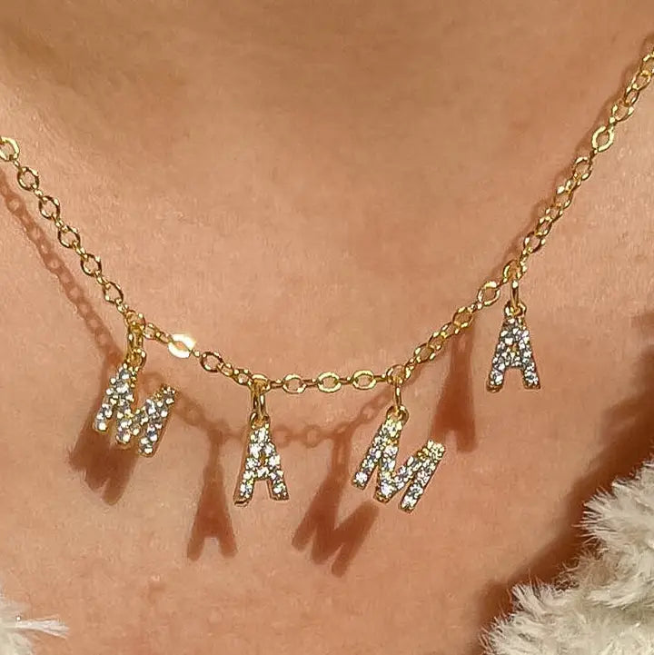 18K Gold Non-Tarnish Cz Mama Letter Necklace