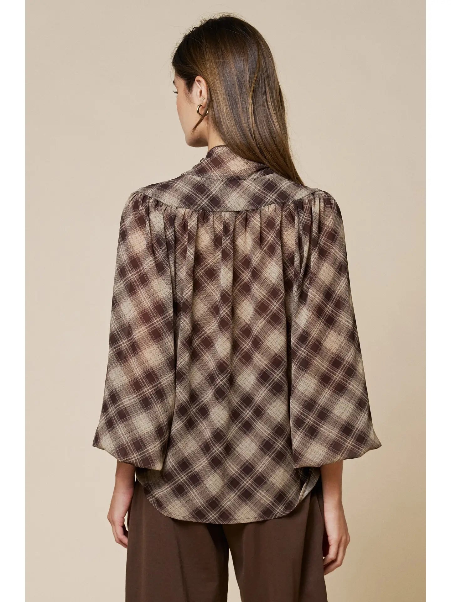 Aster Plaid Chiffon Blouse w/ Ruffled Tie Neck