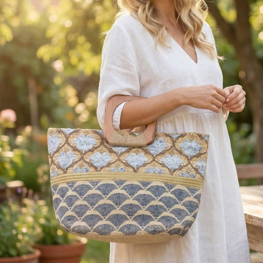 Blue and Gold Print Woven Wooden Handle Tote Bag