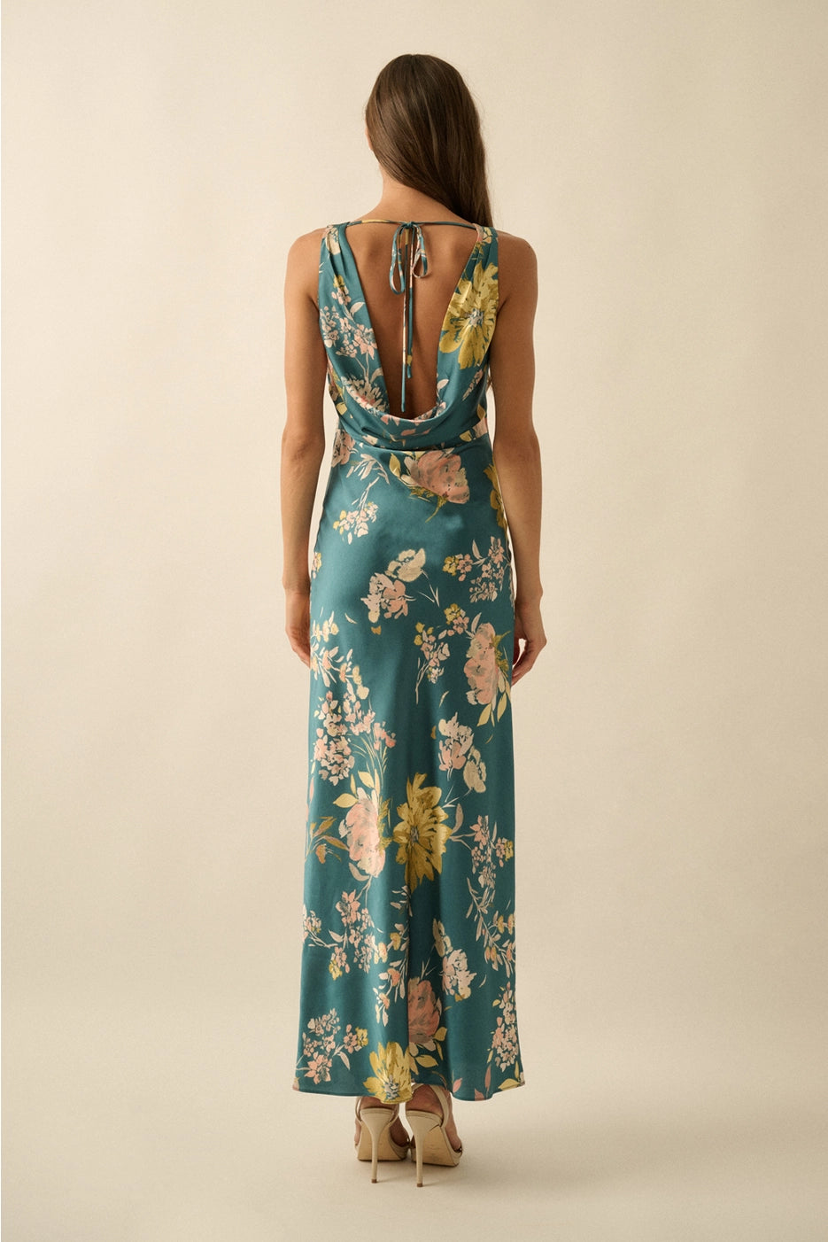 Claudia Floral Satin Cowl-Back Maxi Dress