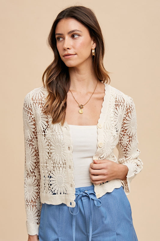 Dahlia Floral Crochet 3/4 Sleeve Cardigan