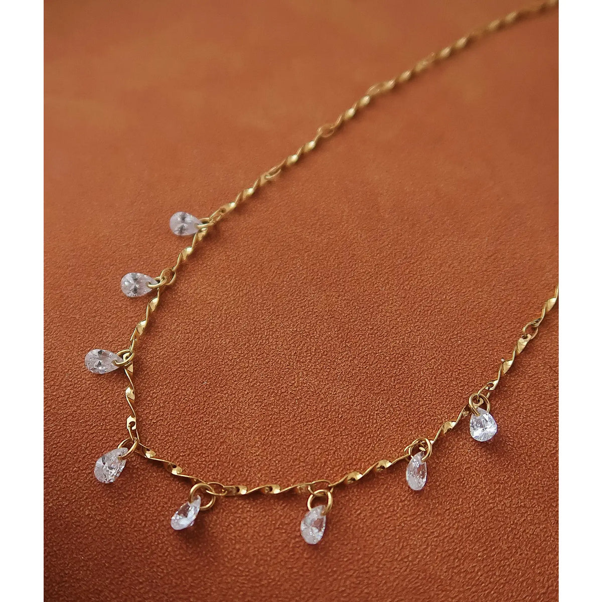 18K Gold Non-Tarnish Cz Teardrop Chain Necklace