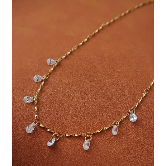 18K Gold Non-Tarnish Cz Teardrop Chain Necklace