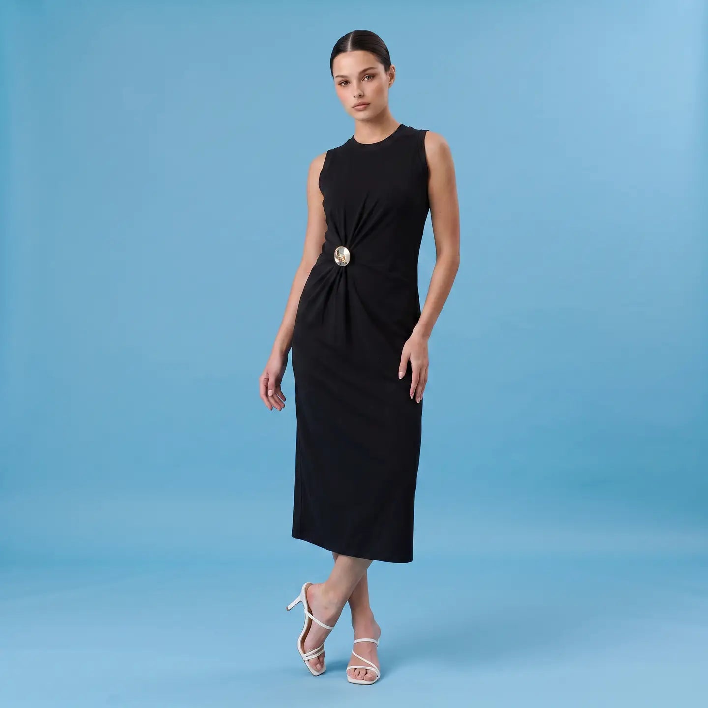 Val Gathered Midi Dress with Gold Brooch