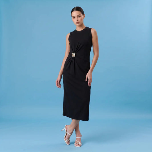 Val Gathered Midi Dress with Gold Brooch