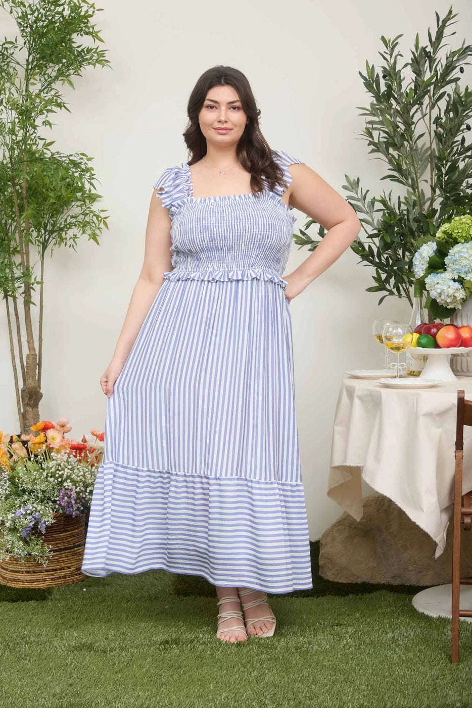 Libby Stripe Smocked Ruffle Trim Midi Dress- Plus