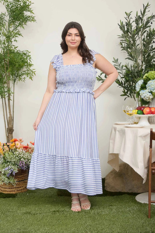 Libby Stripe Smocked Ruffle Trim Midi Dress- Plus
