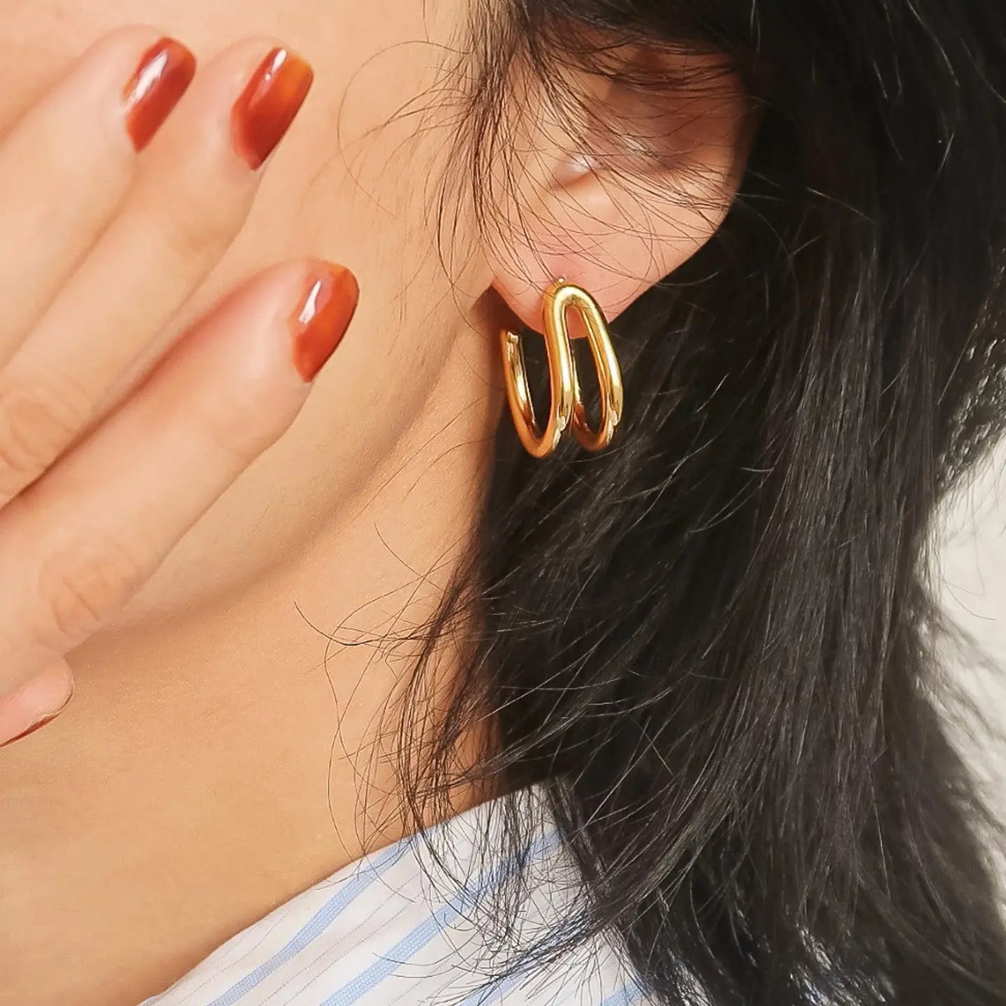 18K Gold Non-Tarnish Double C Hoop Earring
