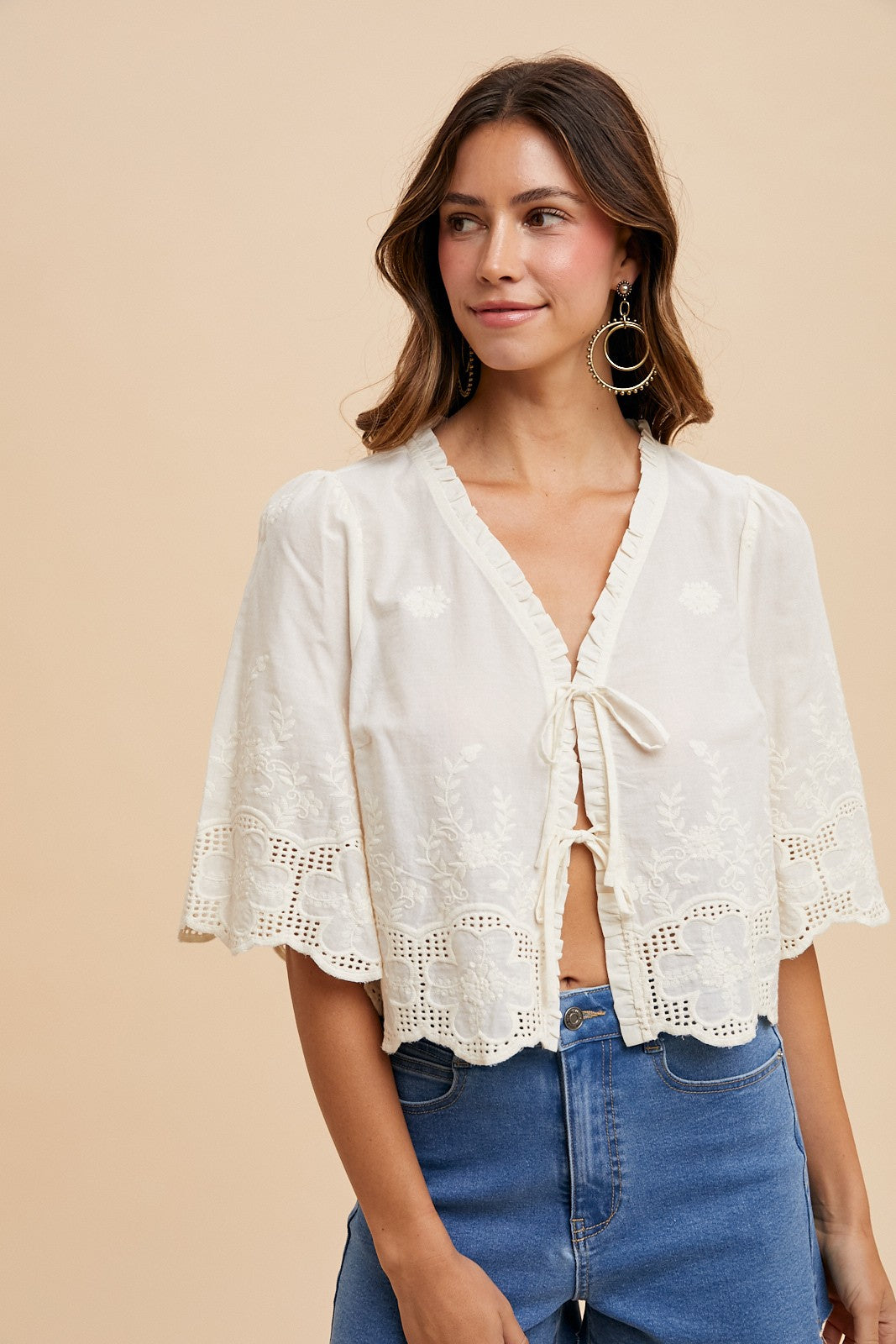 Mary Floral Embroidery Tie Front Blouse