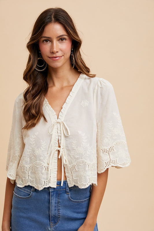 Mary Floral Embroidery Tie Front Blouse