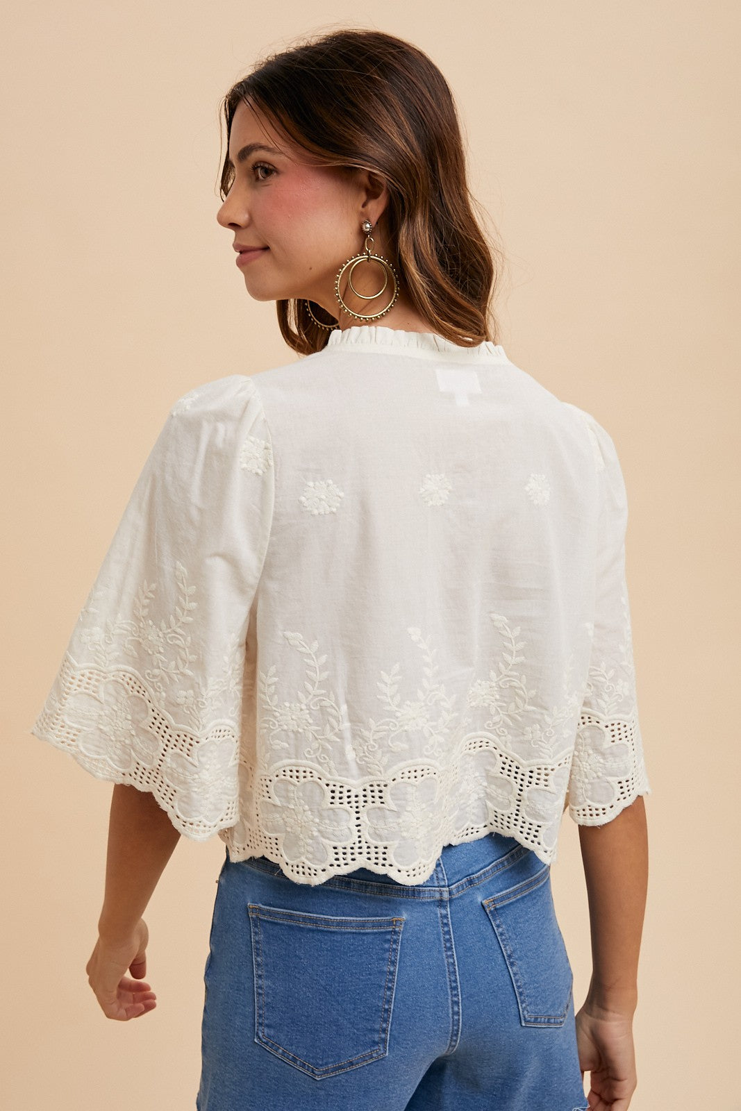 Mary Floral Embroidery Tie Front Blouse