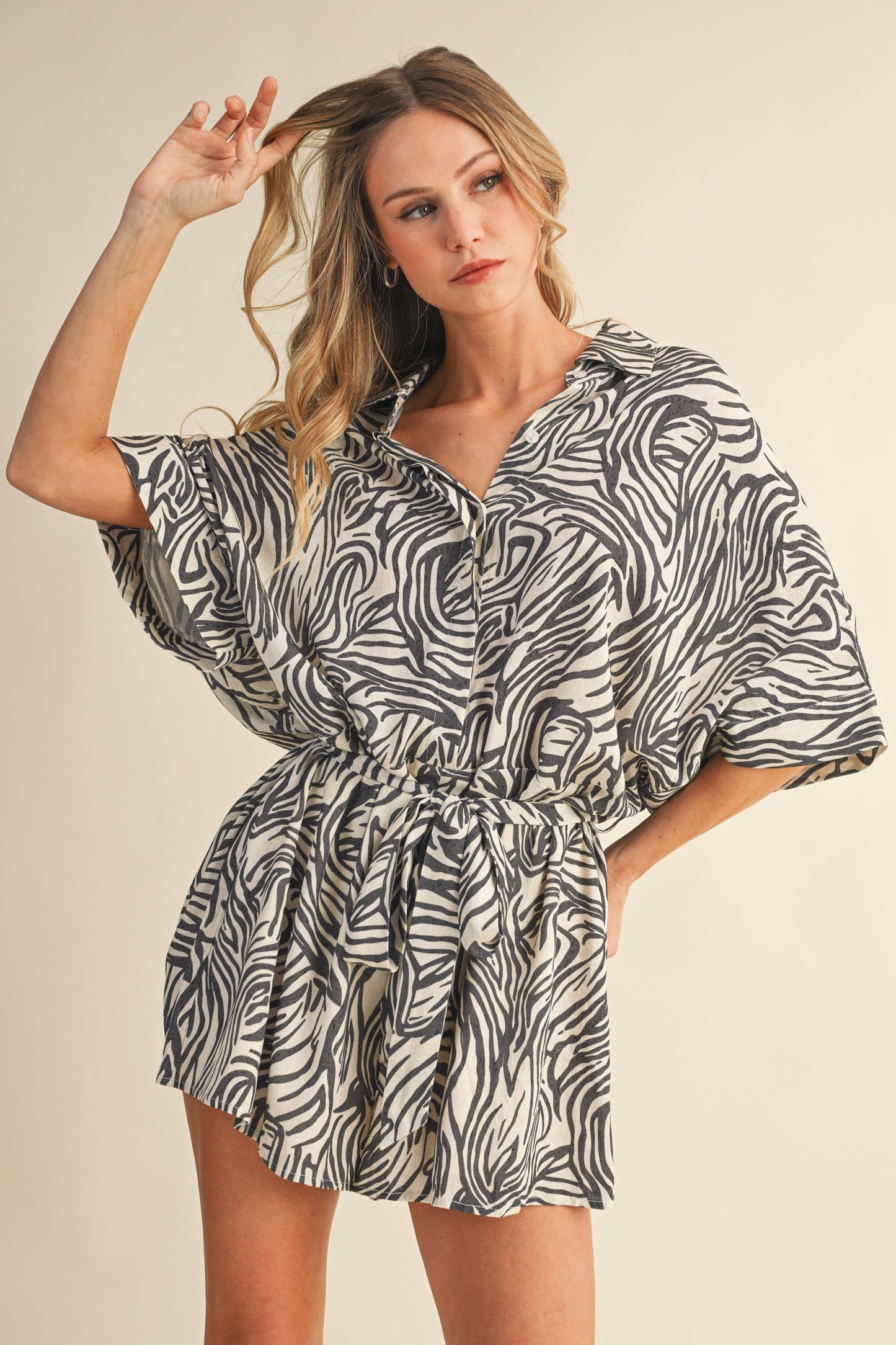 Nami Zebra Print Oversized Shirt Collar Belted Romper