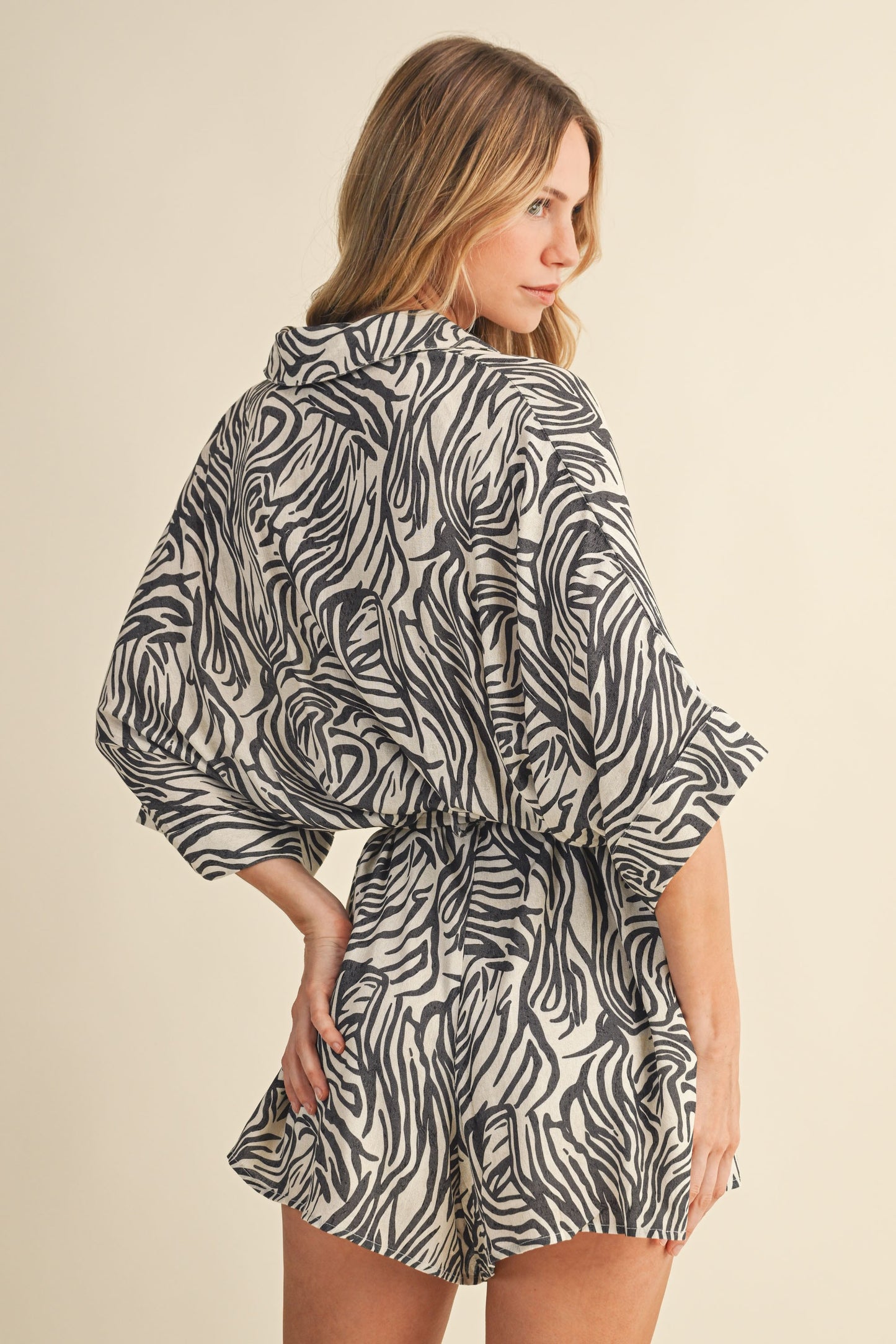 Nami Zebra Print Oversized Shirt Collar Belted Romper