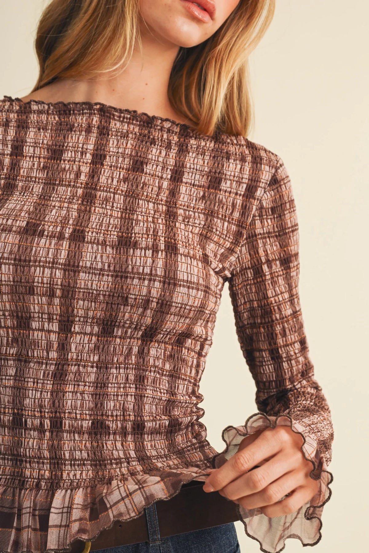 Monica Plaid Knit Shirred Top