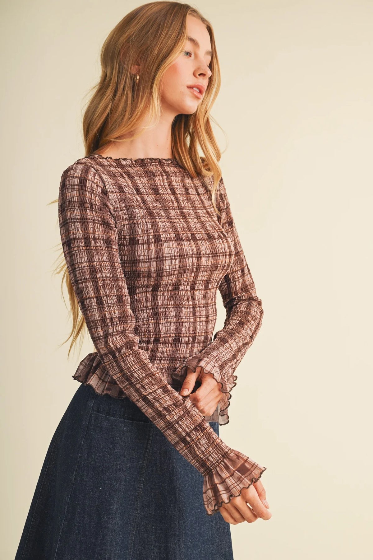 Monica Plaid Knit Shirred Top