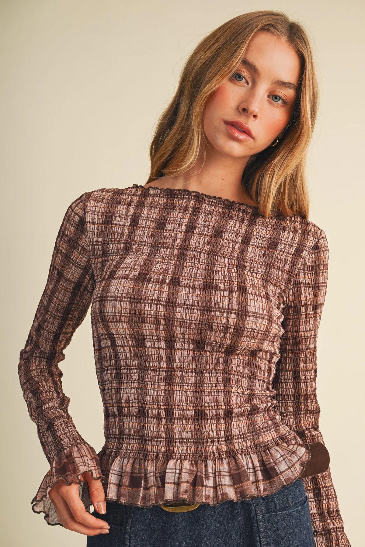 Monica Plaid Knit Shirred Top