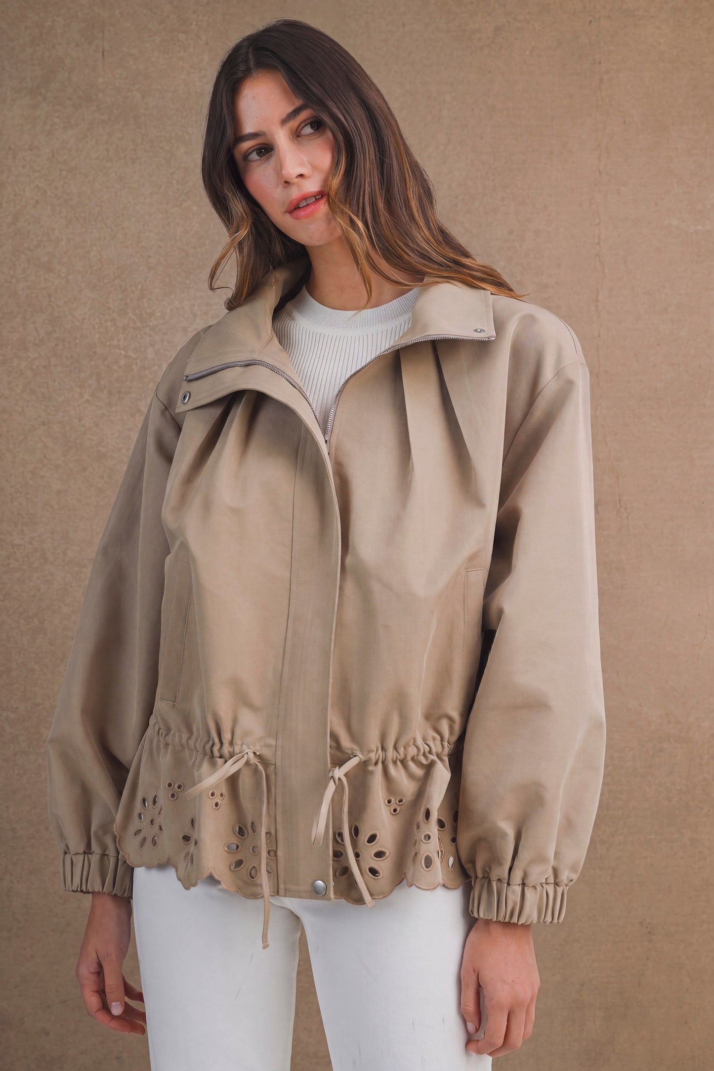 Piper Oversized Zip Front Eyelet Cutout Hem Jacket