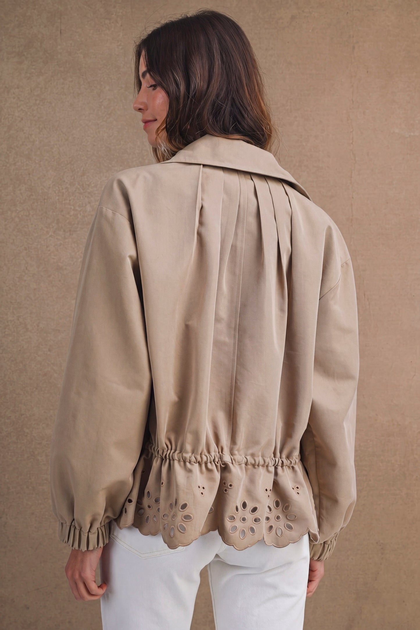 Piper Oversized Zip Front Eyelet Cutout Hem Jacket
