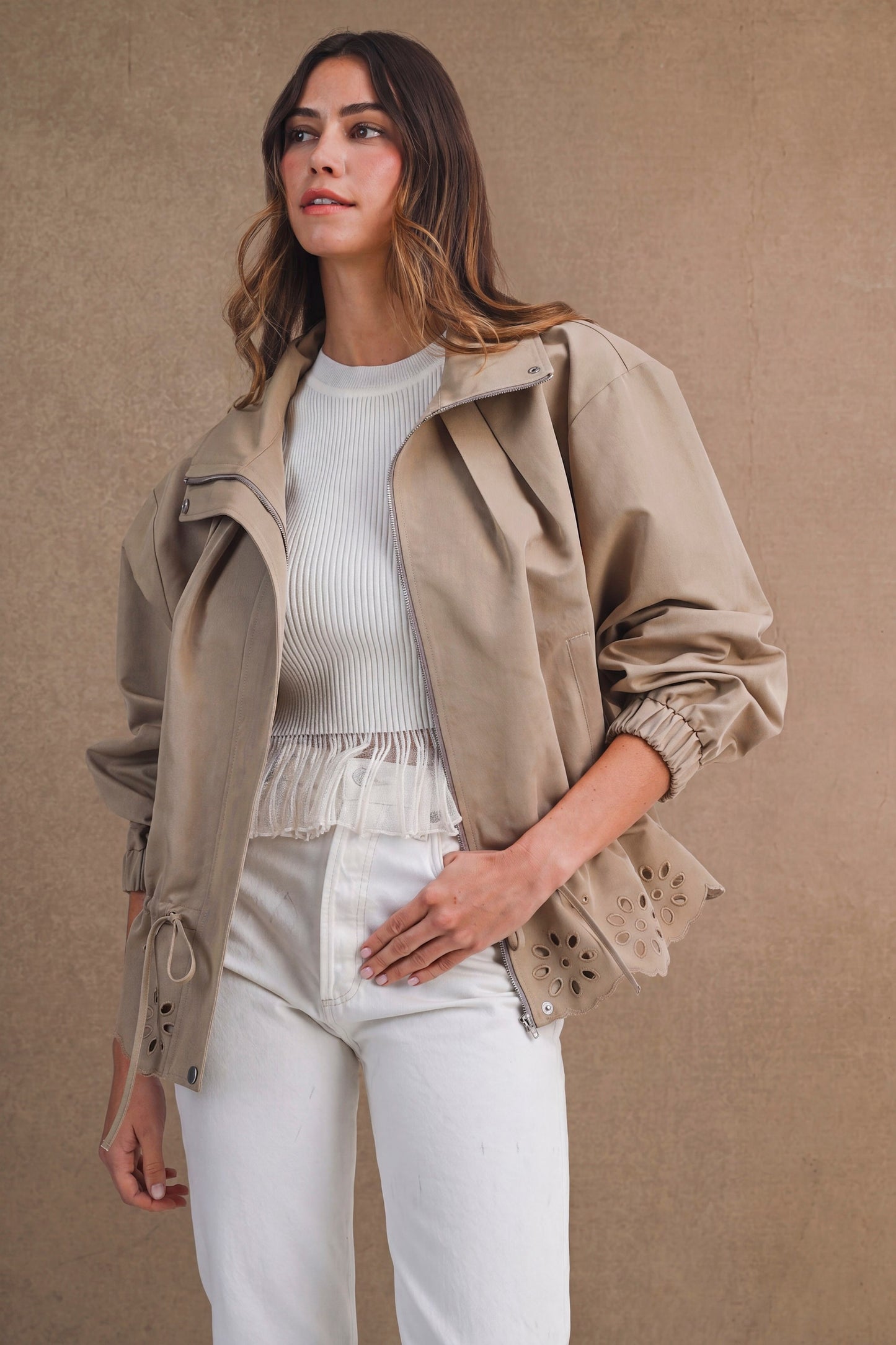 Piper Oversized Zip Front Eyelet Cutout Hem Jacket