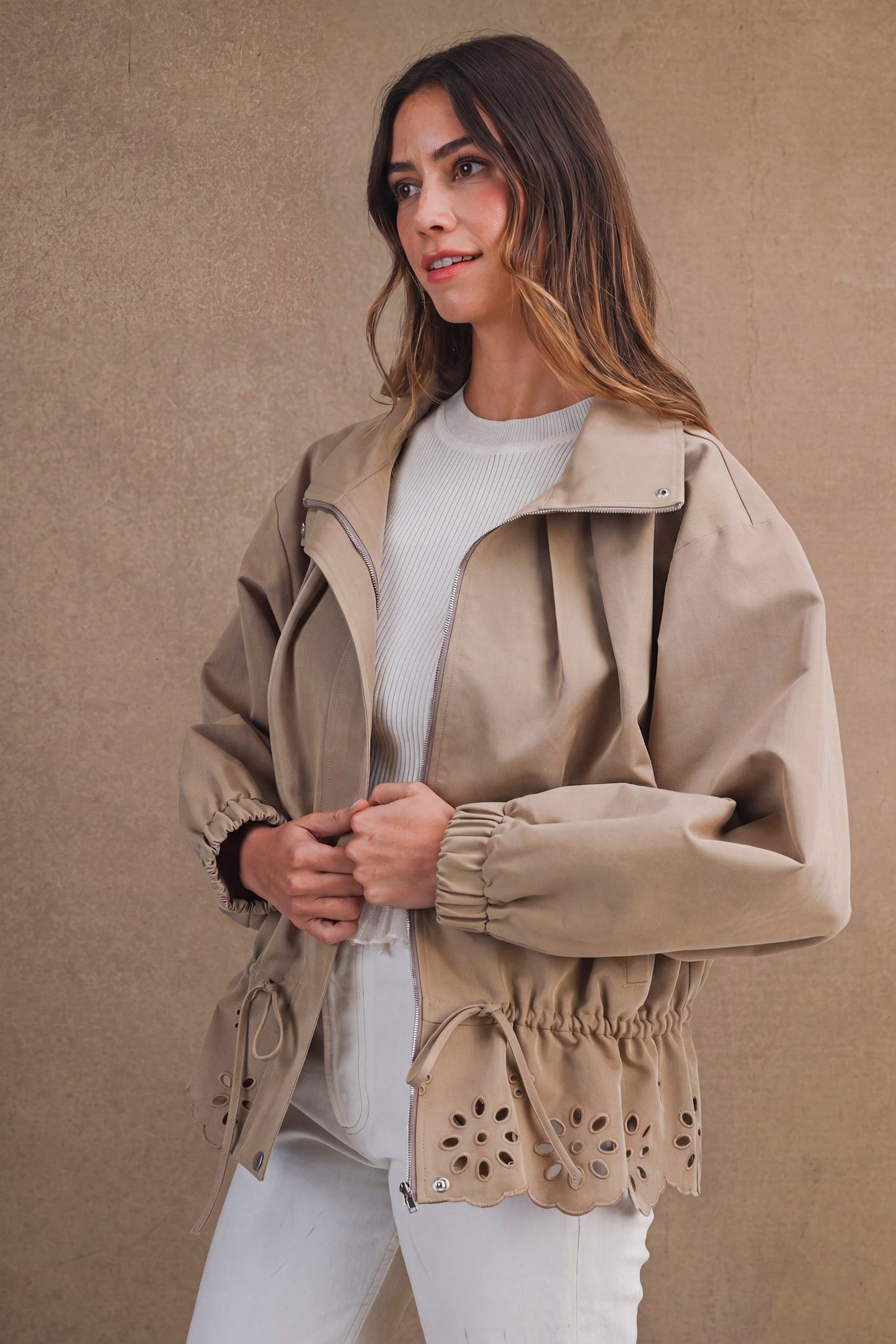Piper Oversized Zip Front Eyelet Cutout Hem Jacket