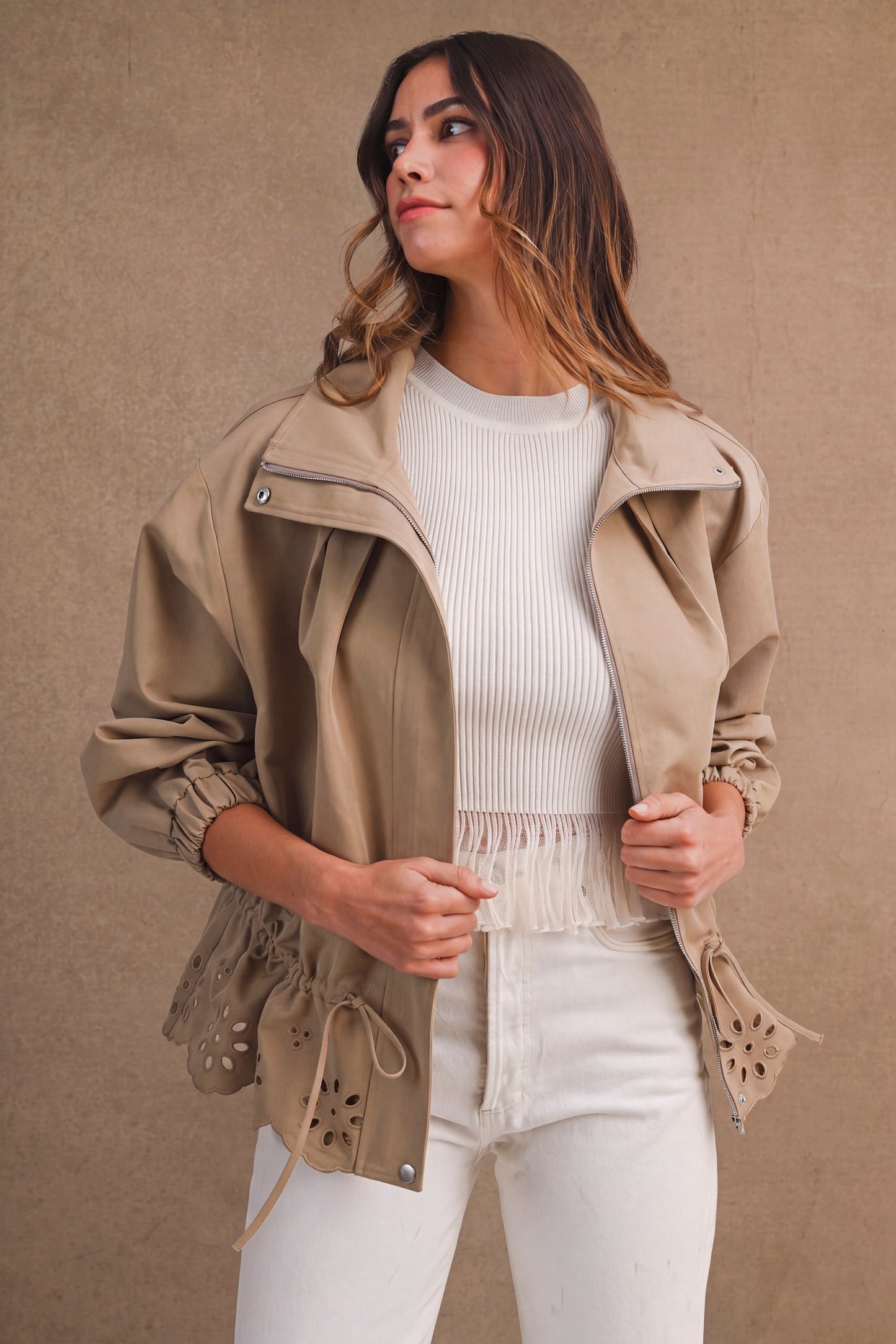Piper Oversized Zip Front Eyelet Cutout Hem Jacket