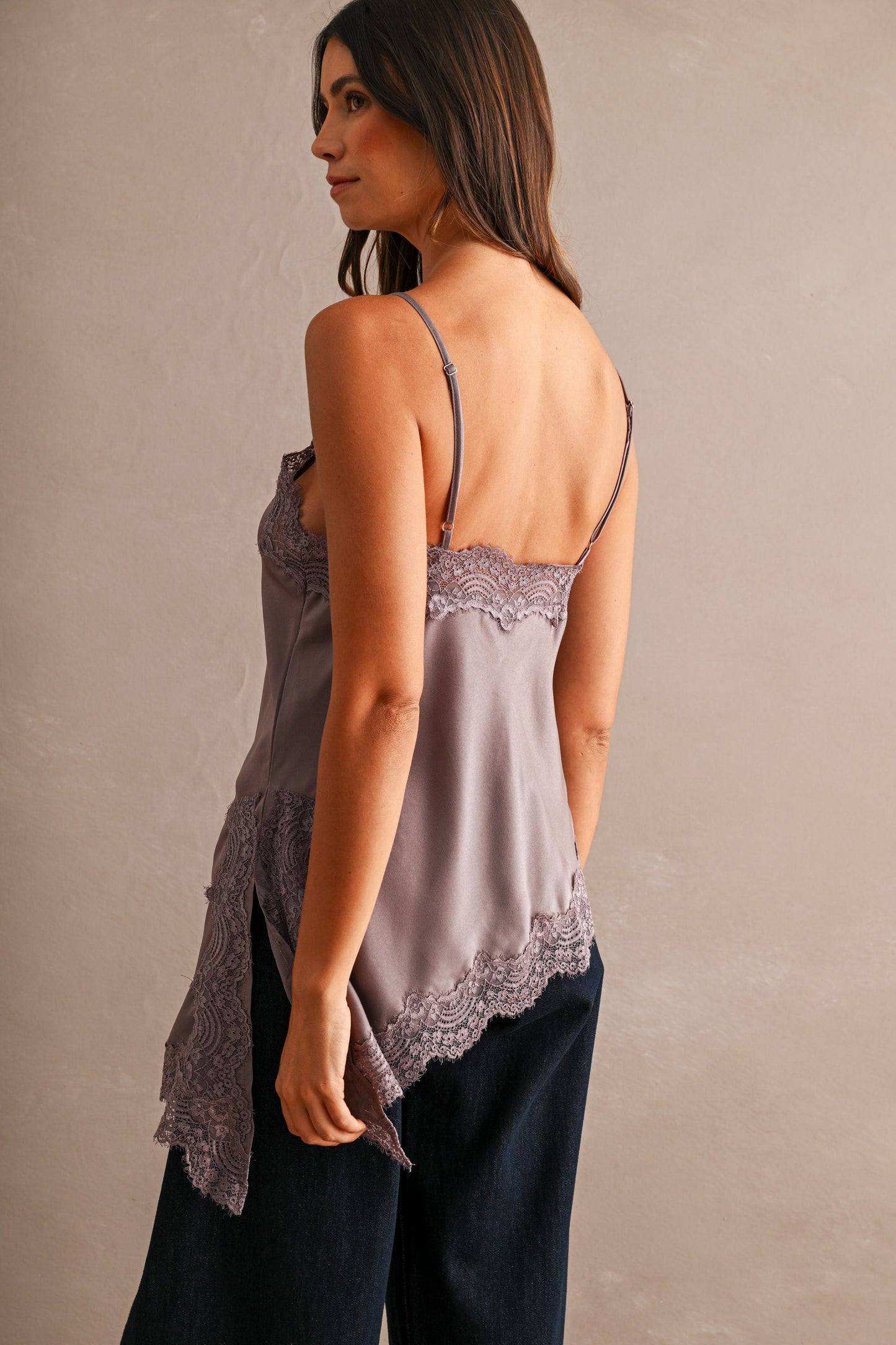 Imogen Asymmetric Satin Cami Top With Lace Trim
