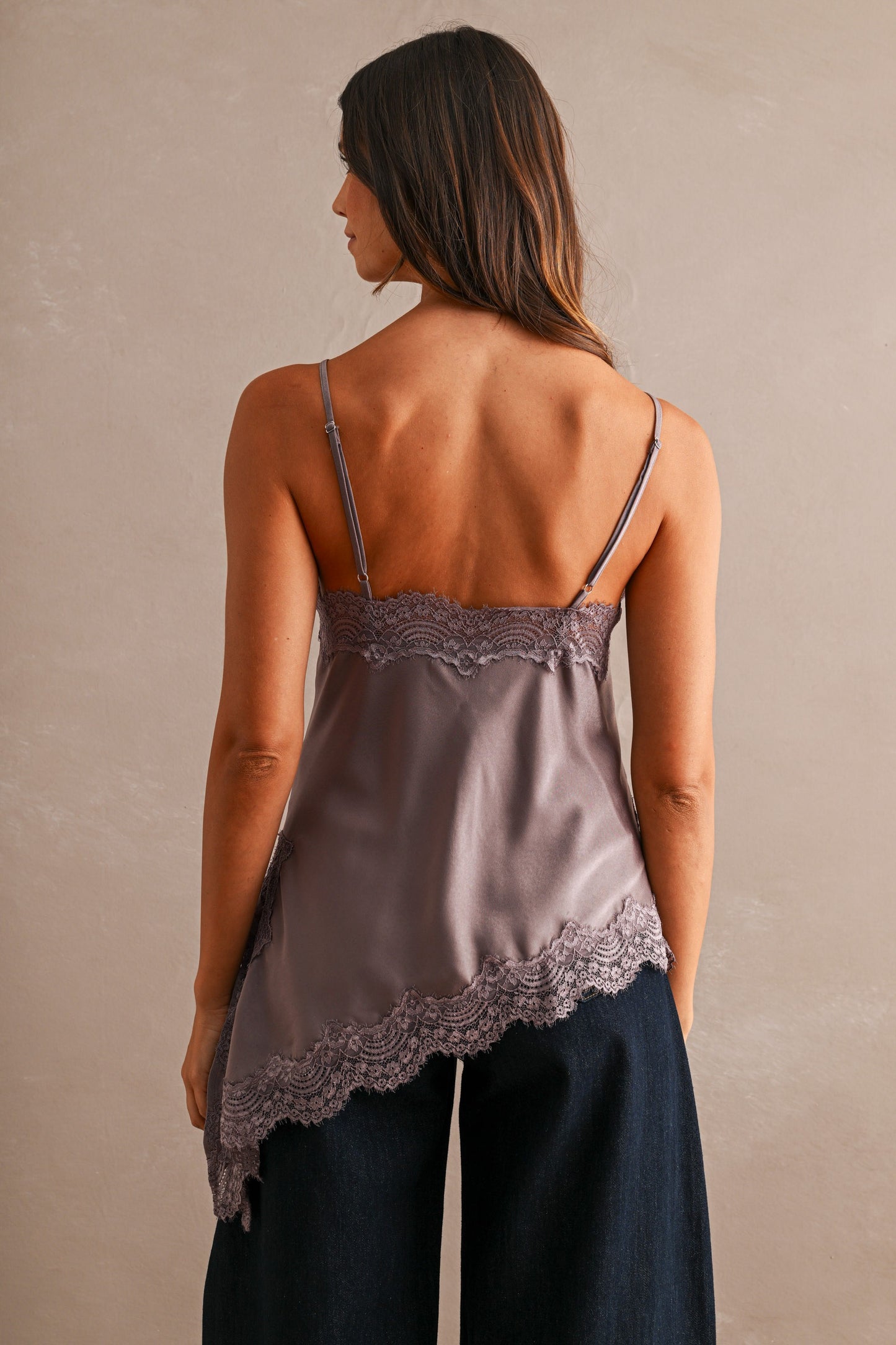 Imogen Asymmetric Satin Cami Top With Lace Trim