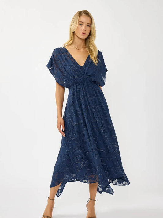 Devon Foil Jacquard Handkerchief Midi Dress
