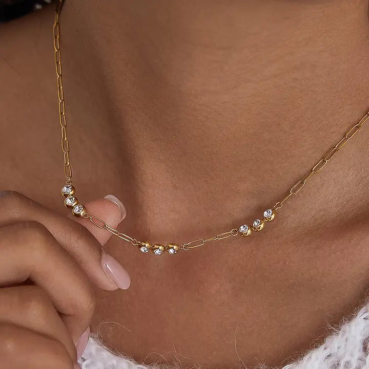 18K Gold Non-Tarnish Cz Station Chain Necklace