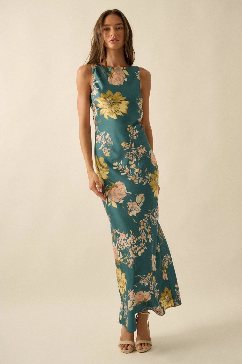 Claudia Floral Satin Cowl-Back Maxi Dress
