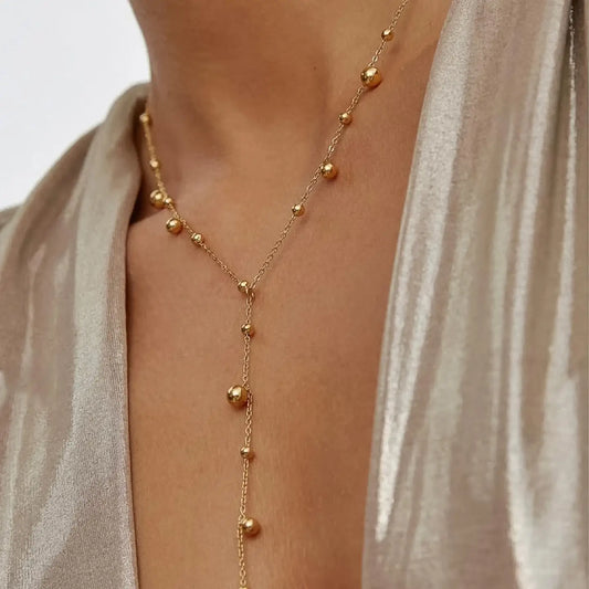 18K Gold Non-Tarnish Dressy Beaded Y Lariat Necklace