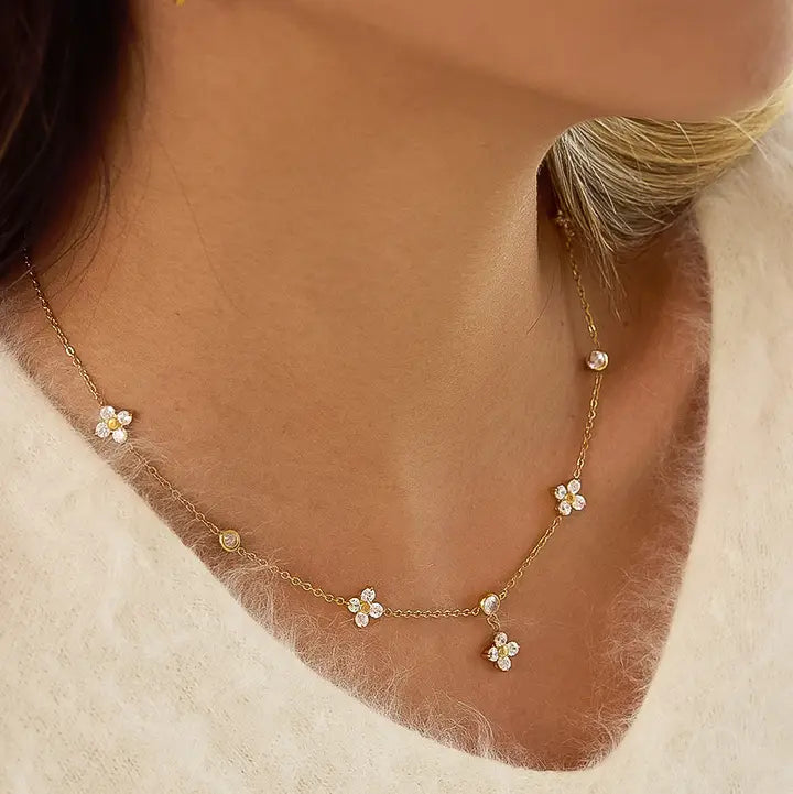 18K Gold Non-Tarnish Cz Floral Chain Necklace