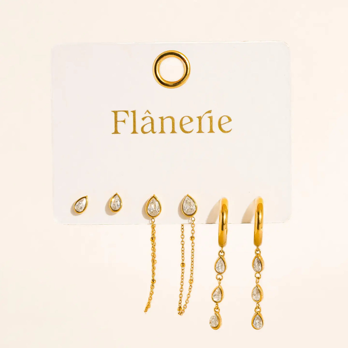 18K Gold Non-Tarnish Cz Chain Drop Earring Sets