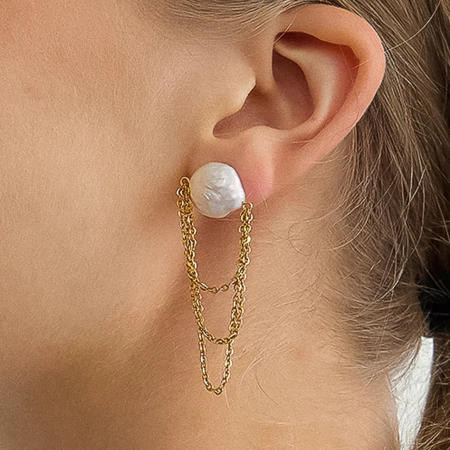 18K Gold Non-Tarnish Baroque Pearl Chain Earrings