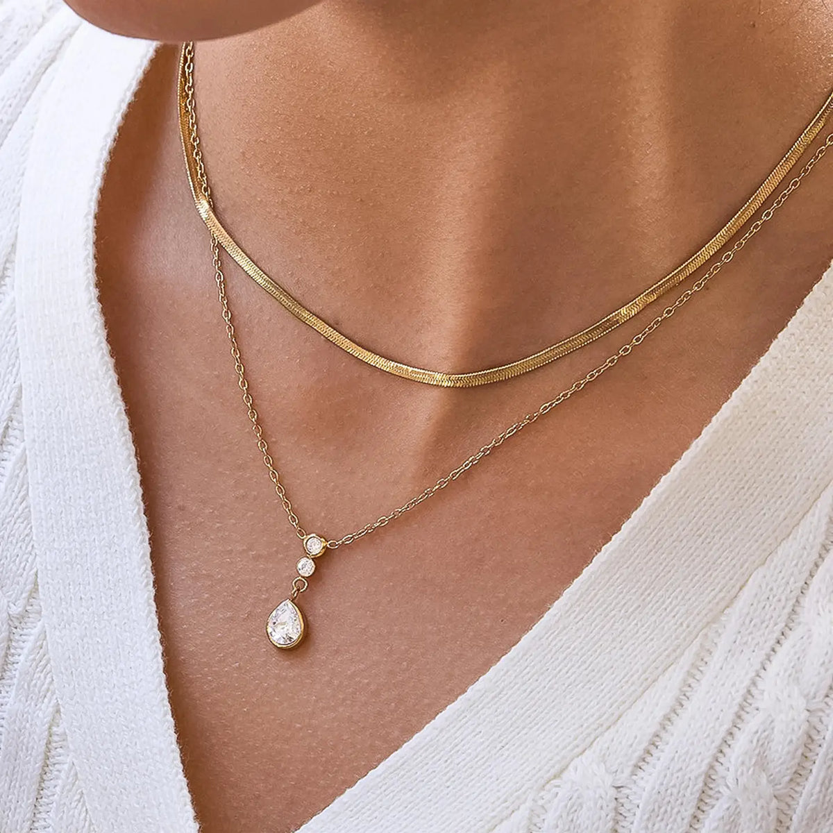 18K Gold Non-Tarnish Layered Teardrop Necklace