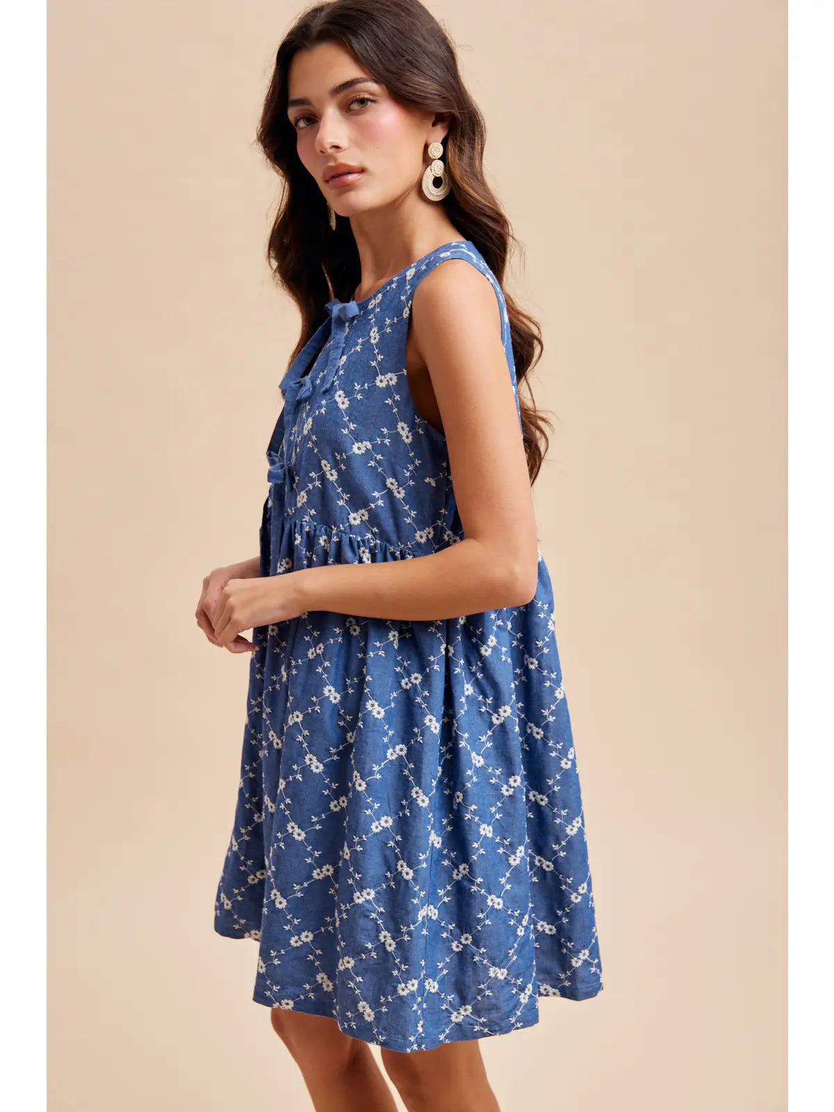 Eleanor Chambray Embroidered Bow Mini Dress