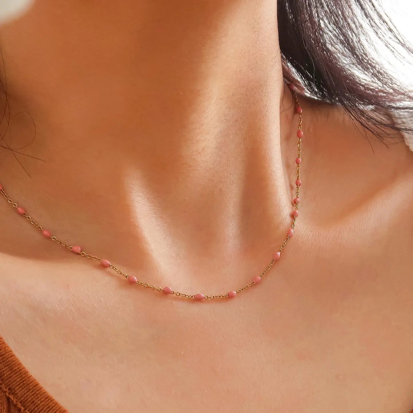 18K Gold Non-Tarnish Beaded Petite Chain Necklace