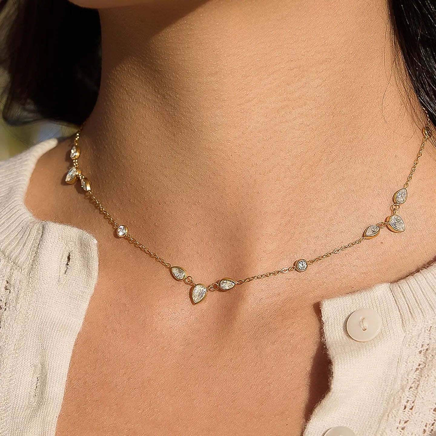 18K Gold Non-Tarnish Cz Teardrop Layered Necklace