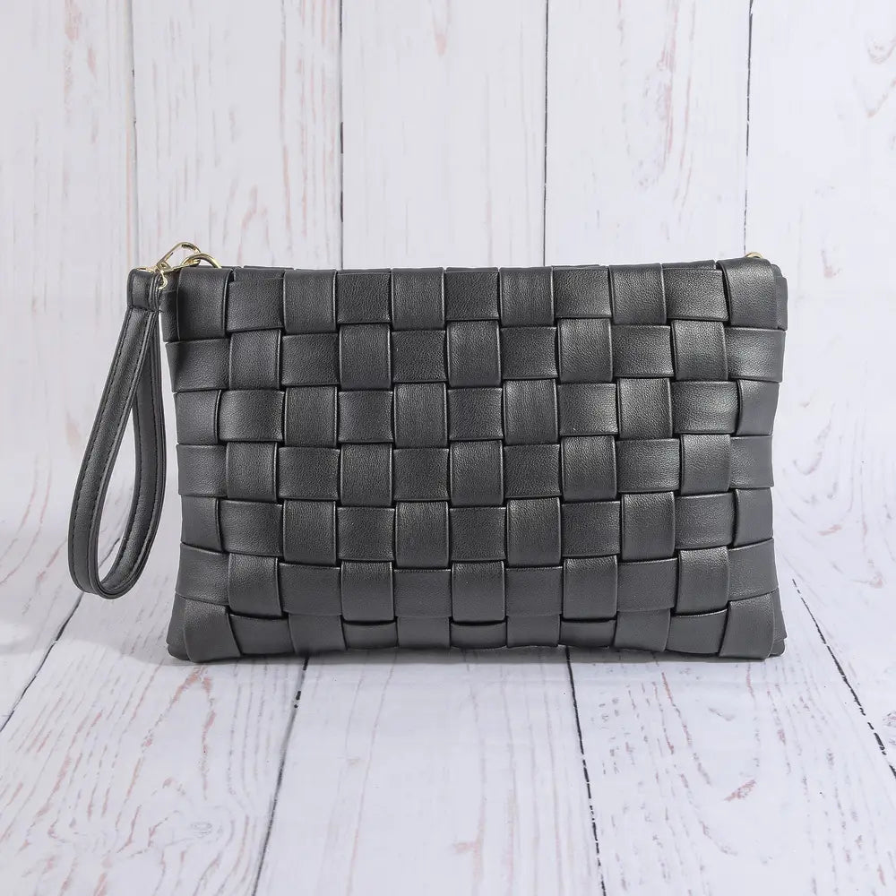 Woven Vegan Leather Wristlet Clutch Bag
