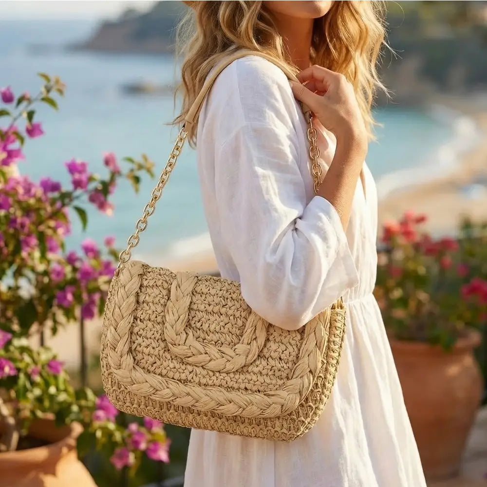 Woven Raffia Flap Shoulder Bag
