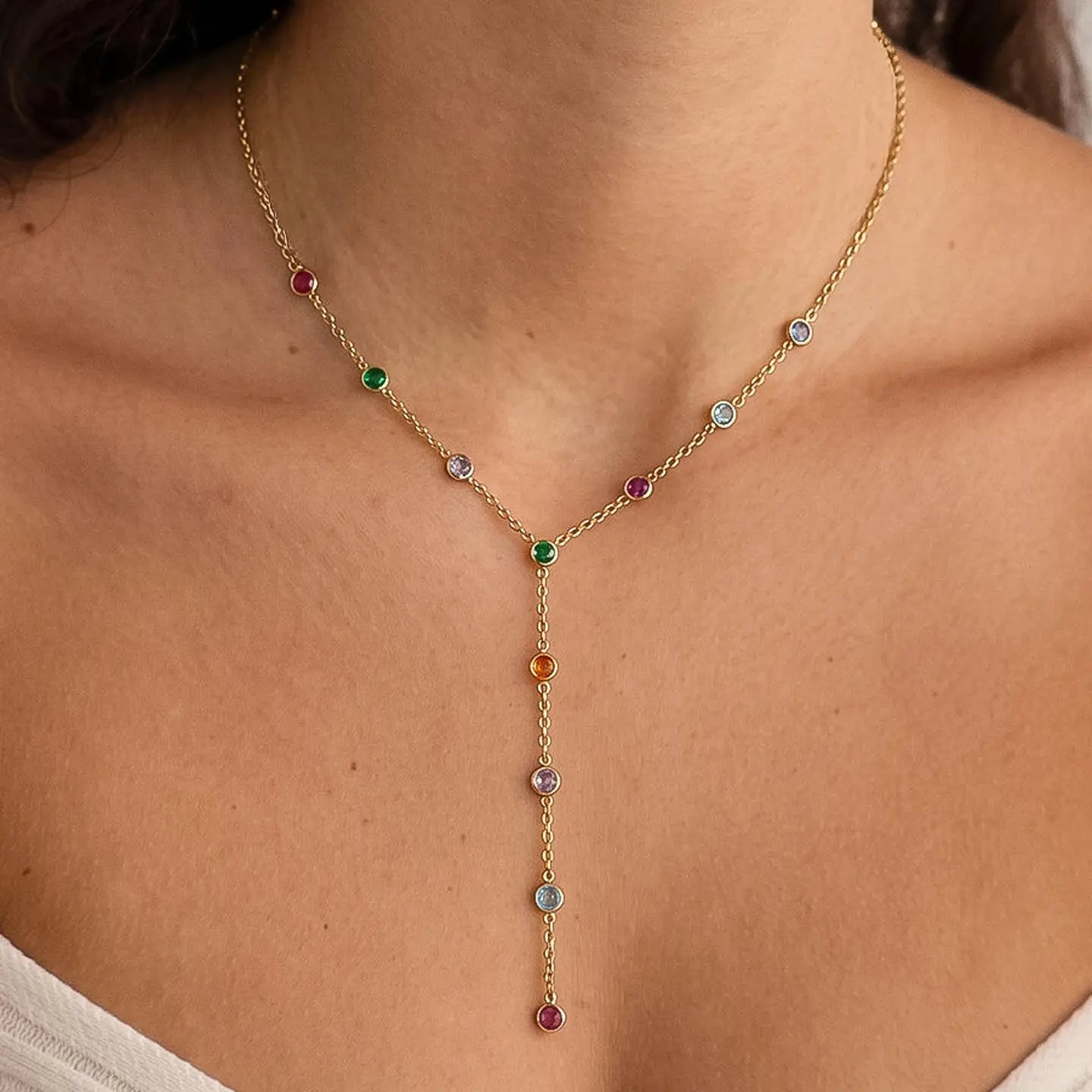 18K Gold Non-Tarnish Round Beaded Y Necklace