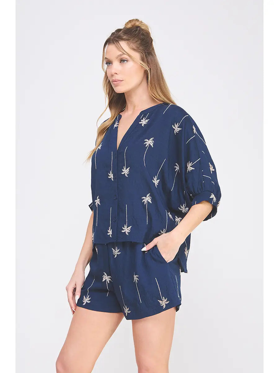 Tomi Draped Embroidered Palm Tree Dolman Blouse