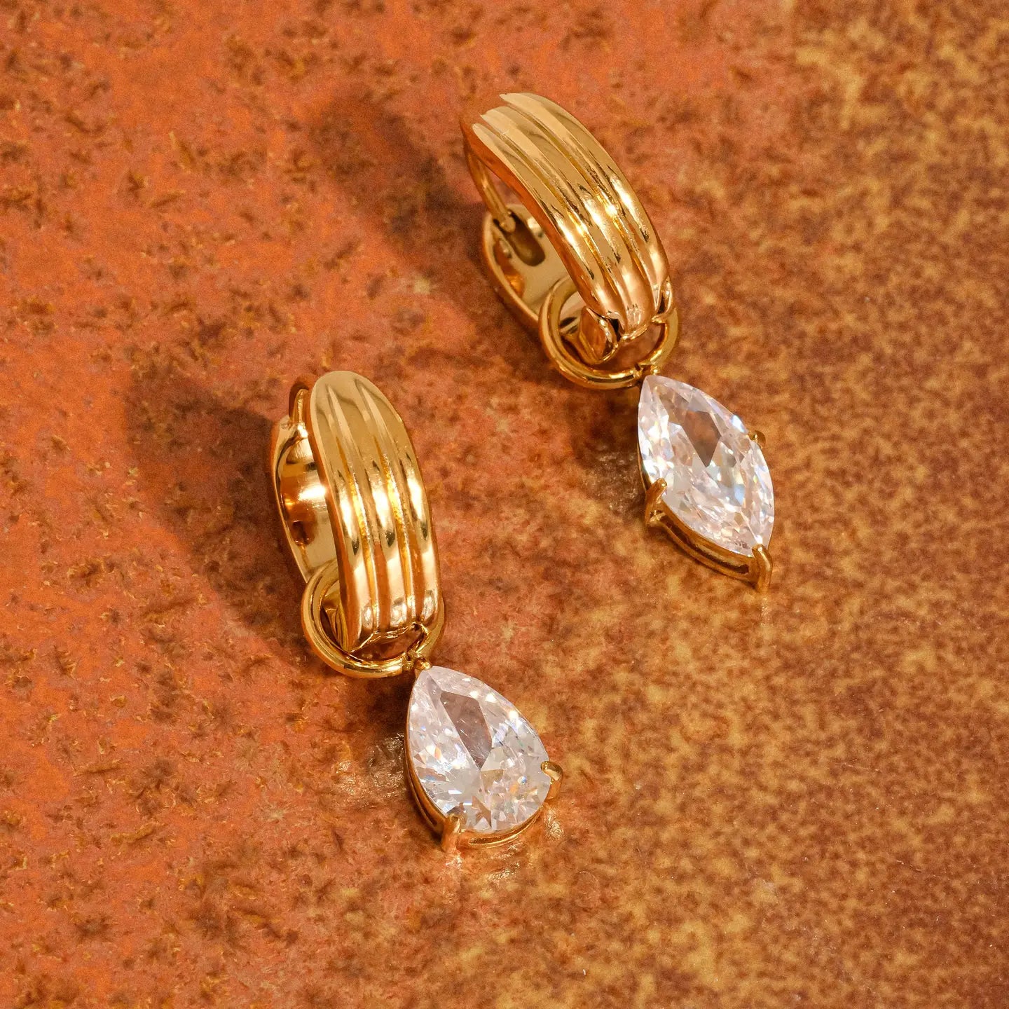 18K Gold Non-Tarnish Teardrop Cz Mismatch Earrings