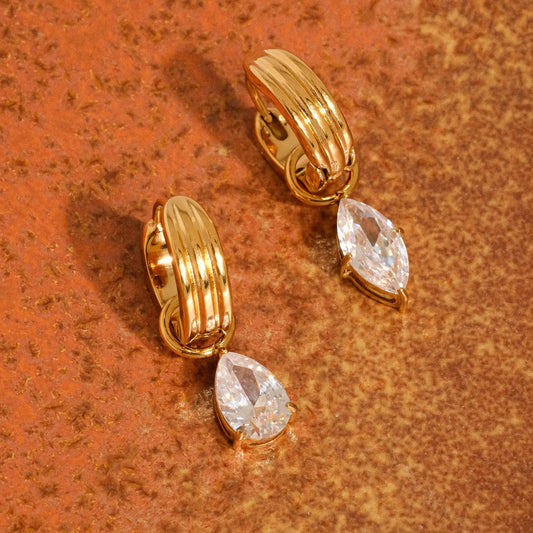 18K Gold Non-Tarnish Teardrop Cz Mismatch Earrings