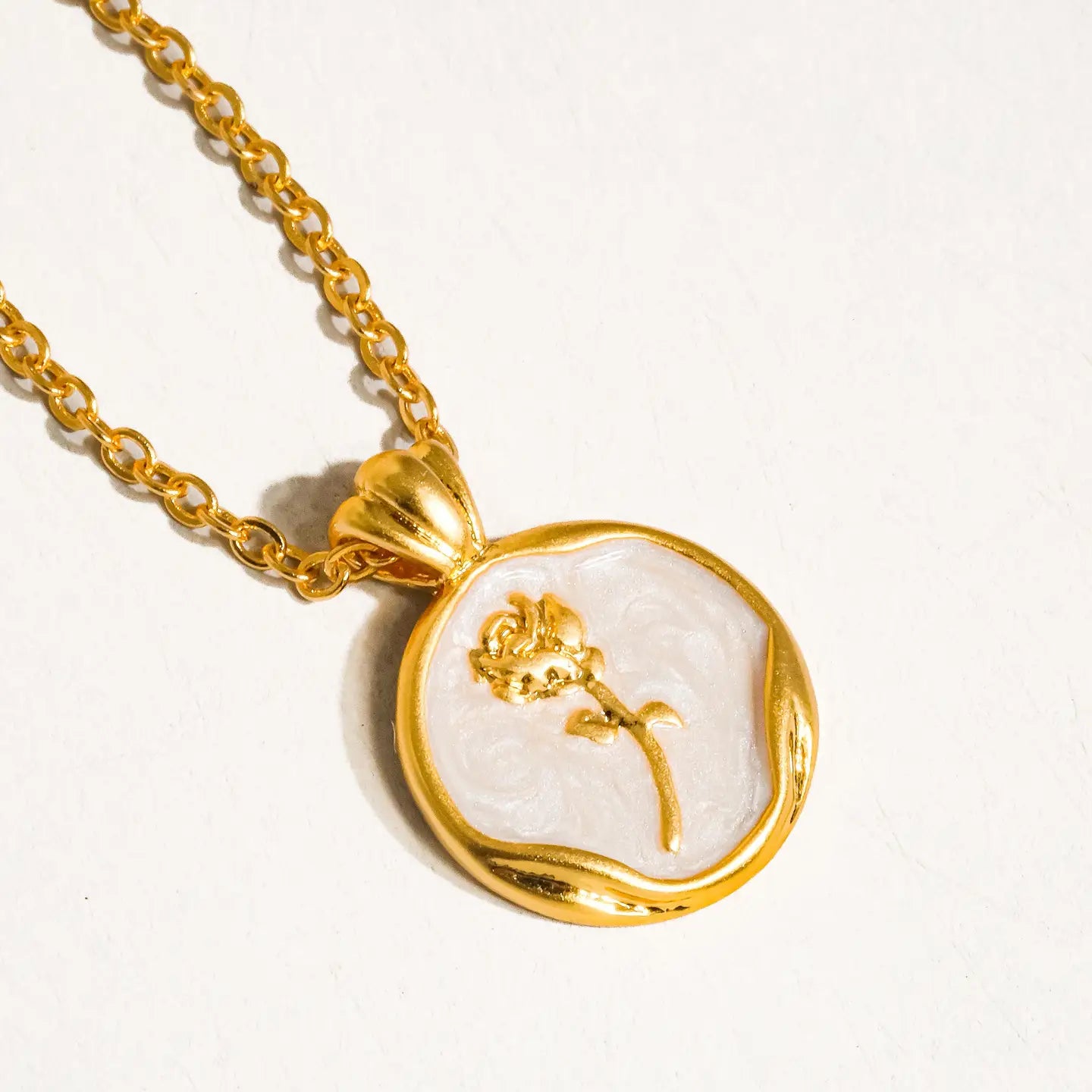 18K Gold Rose Coin Pendant Necklace