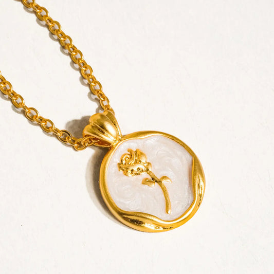 18K Gold Rose Coin Pendant Necklace