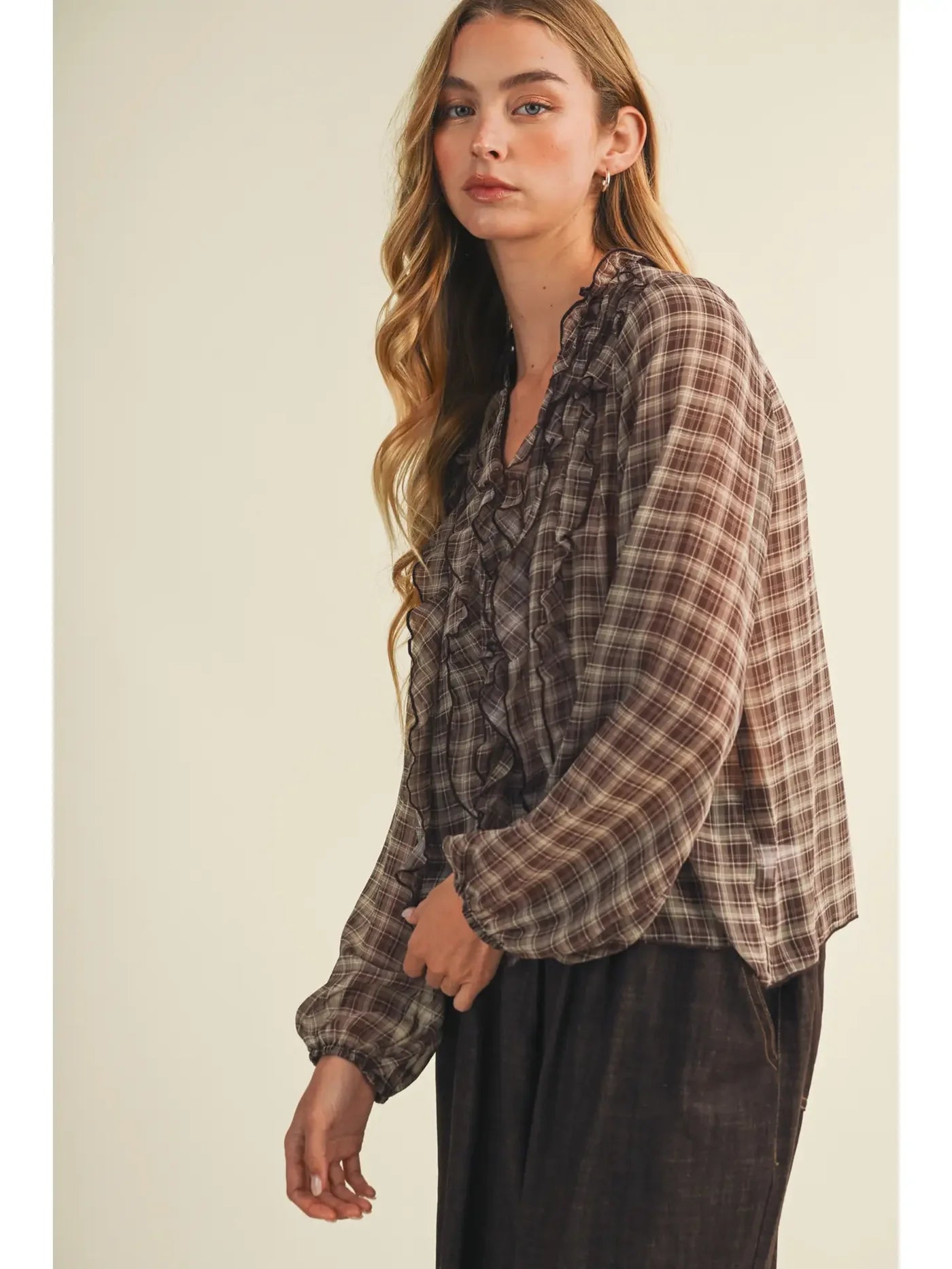 Georgia Ruffle Cascade Plaid Blouse