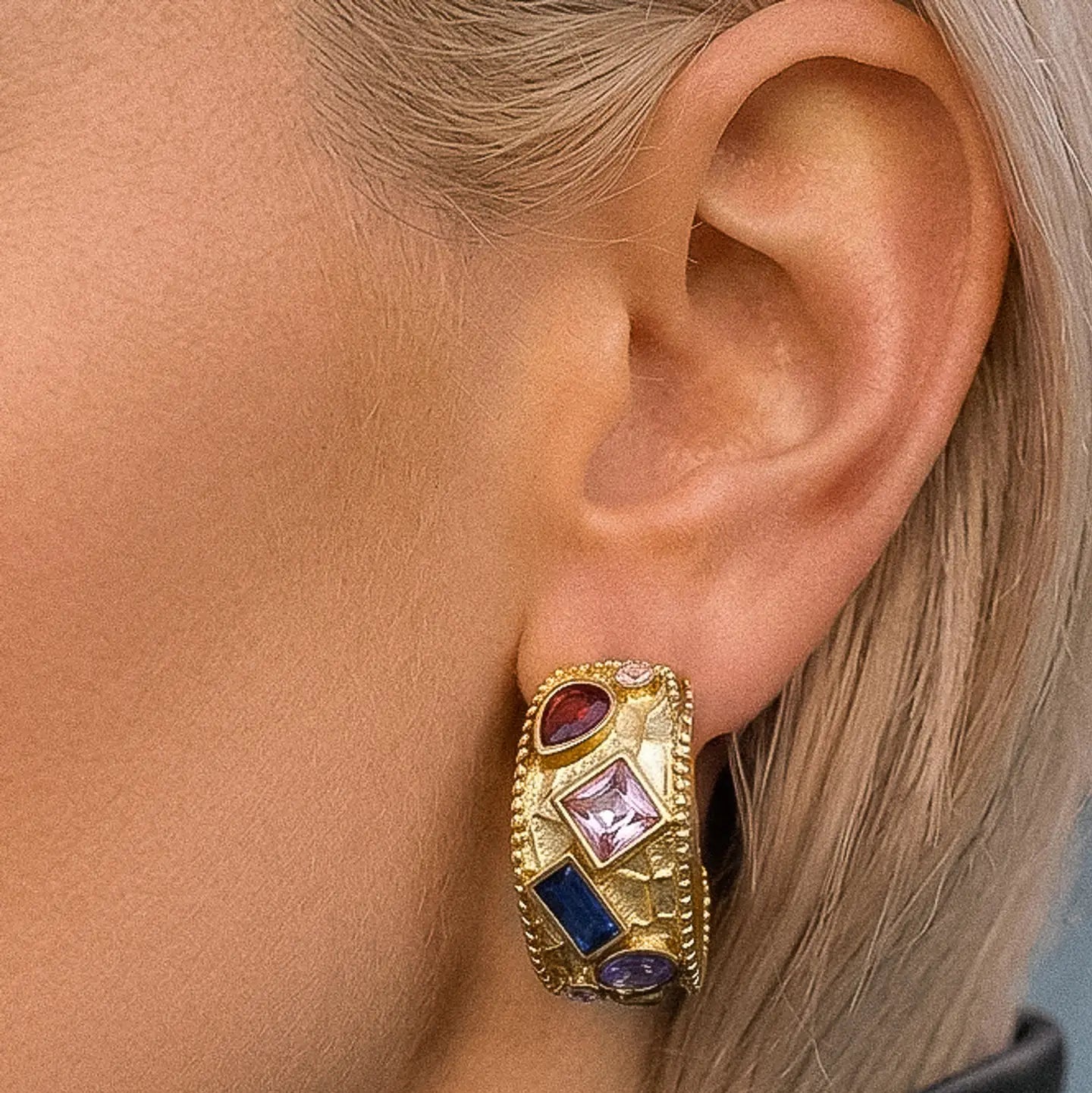 18K Gold Non-Tarnish Vintage Gemstone Hoop Earrings