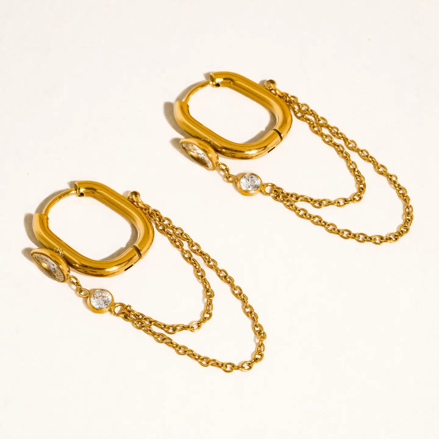 18K Gold Non-Tarnish Cz Chain Link Drop Earrings